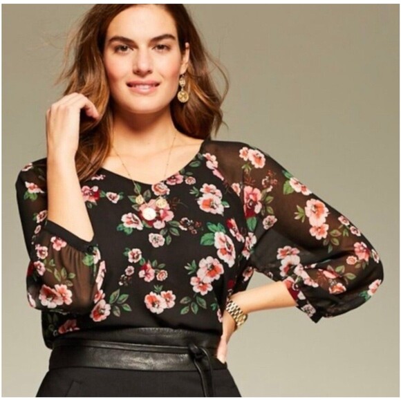CAbi Tops - Cabi Black Floral Sheer 3/4 Sleeve Blouse Lined Top Women's Size Medium M Career